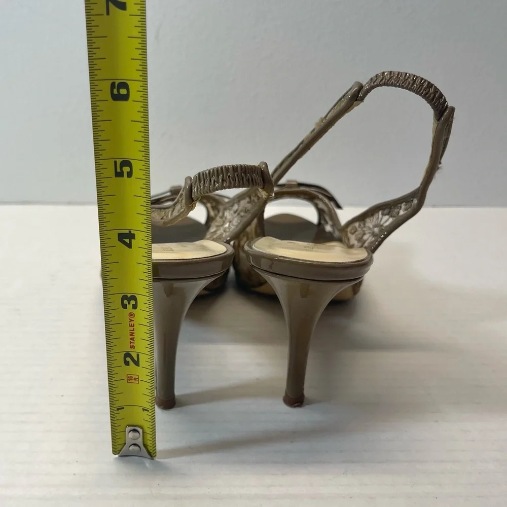 Kate Spade Daisy Mesh Patent Bow Heeled Shoes Open Toe Taupe Sz 7.5
